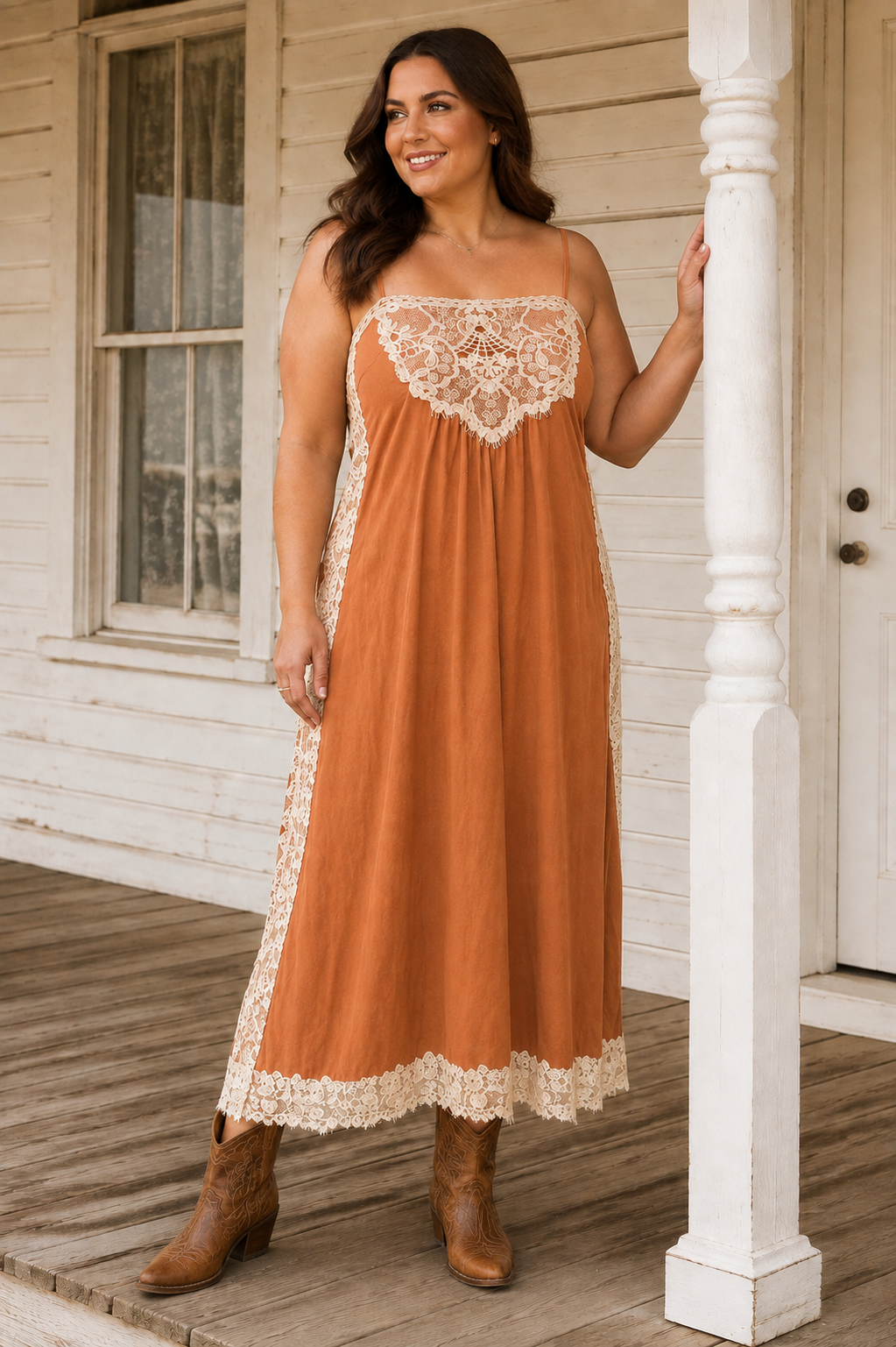 Amoret Dress in Rust with lace detailing