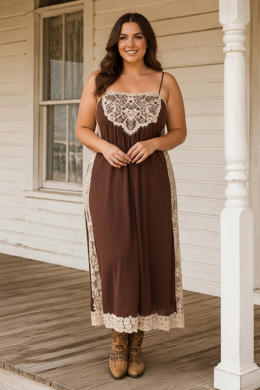 Amoret Dress in Chocolate with lace detailing