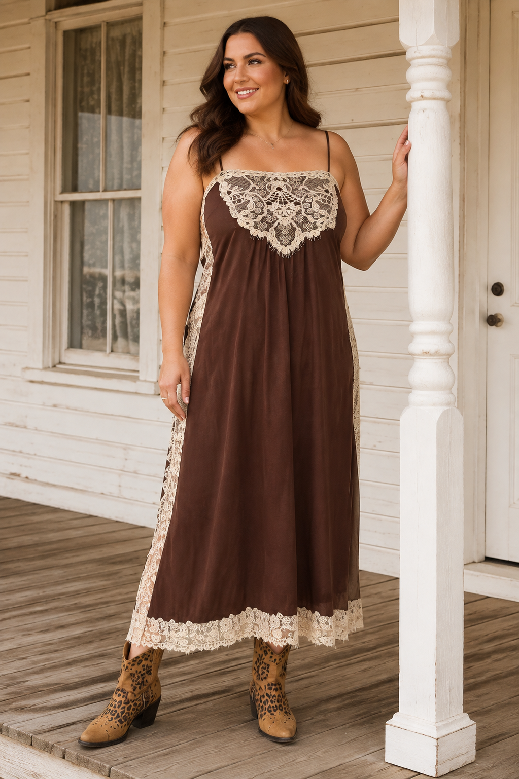 Amoret Dress in Chocolate with lace detailing