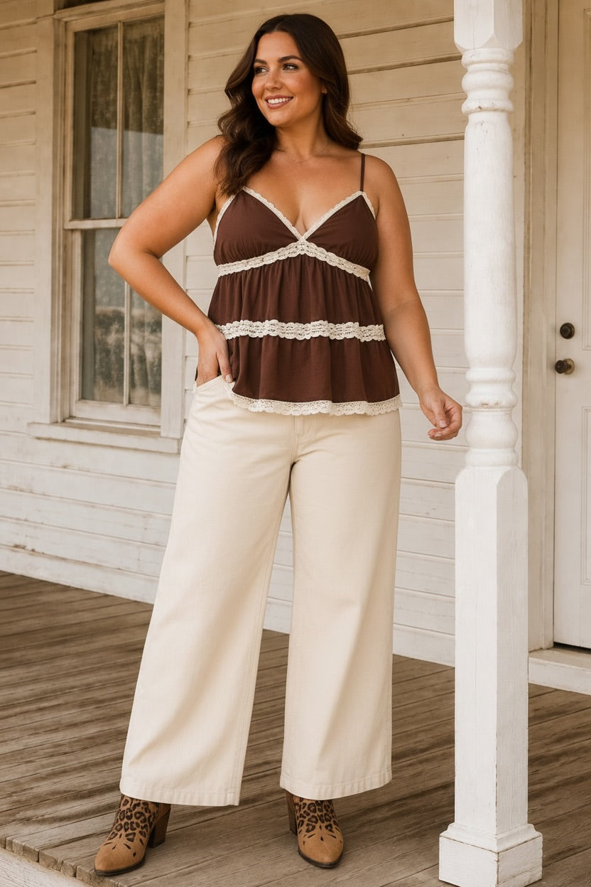 Sienna Babydoll Cami in Chocolate with lace and shell detail