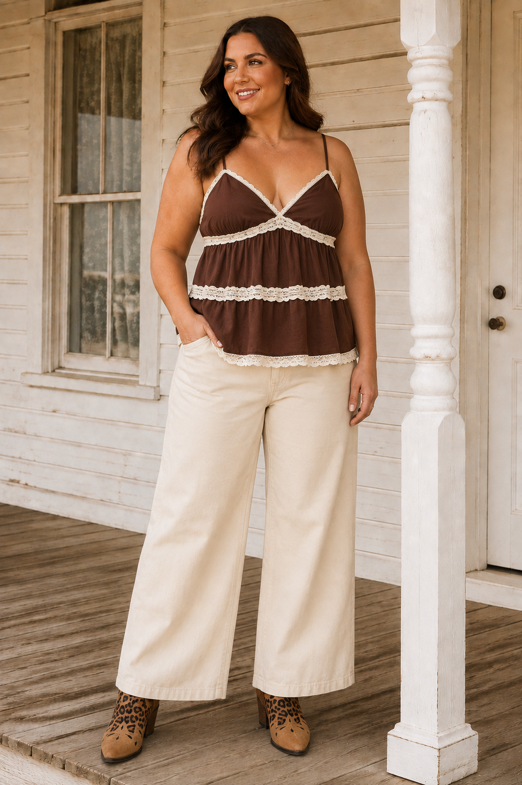 Sienna Babydoll Cami in Chocolate with lace and shell detail