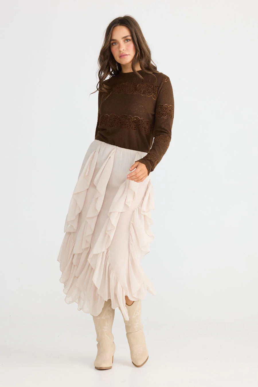 Rafael Ruffle Midi Skirt - Almond