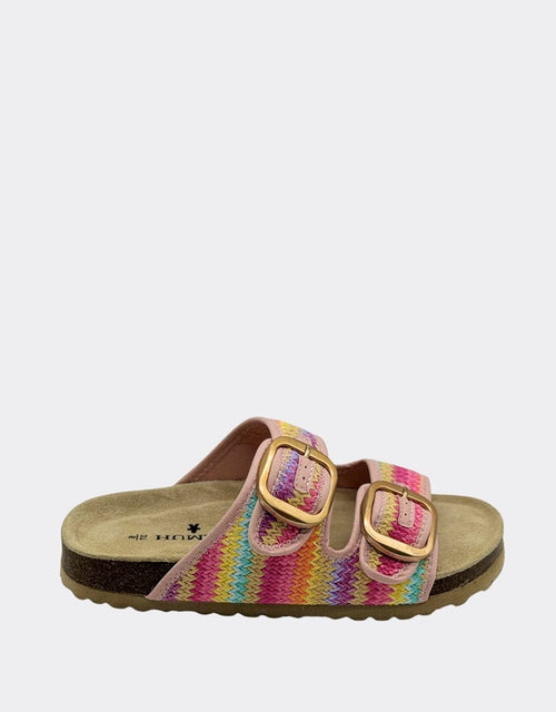 Cammy rainbow raffia slides, front view