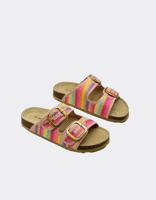 Cammy rainbow raffia slides, side view