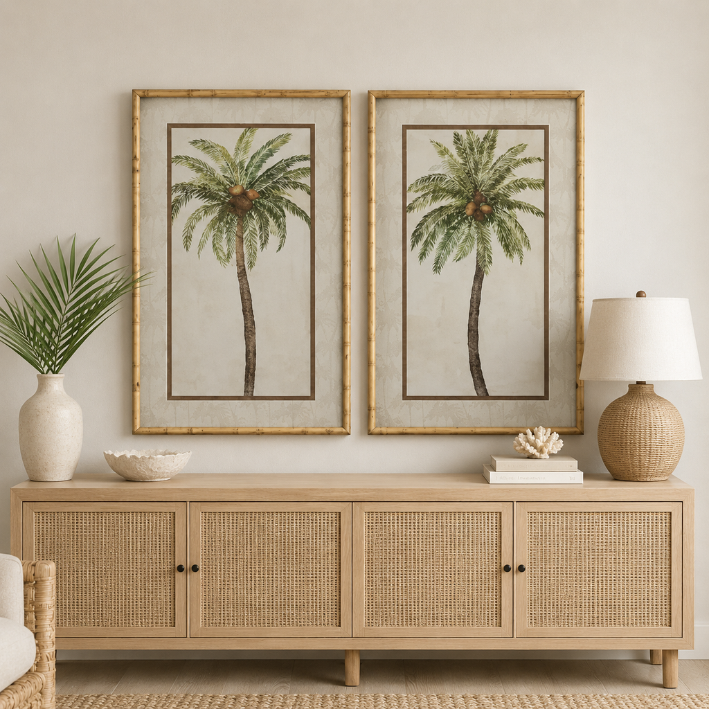 Palm framed glass print styled on a wall