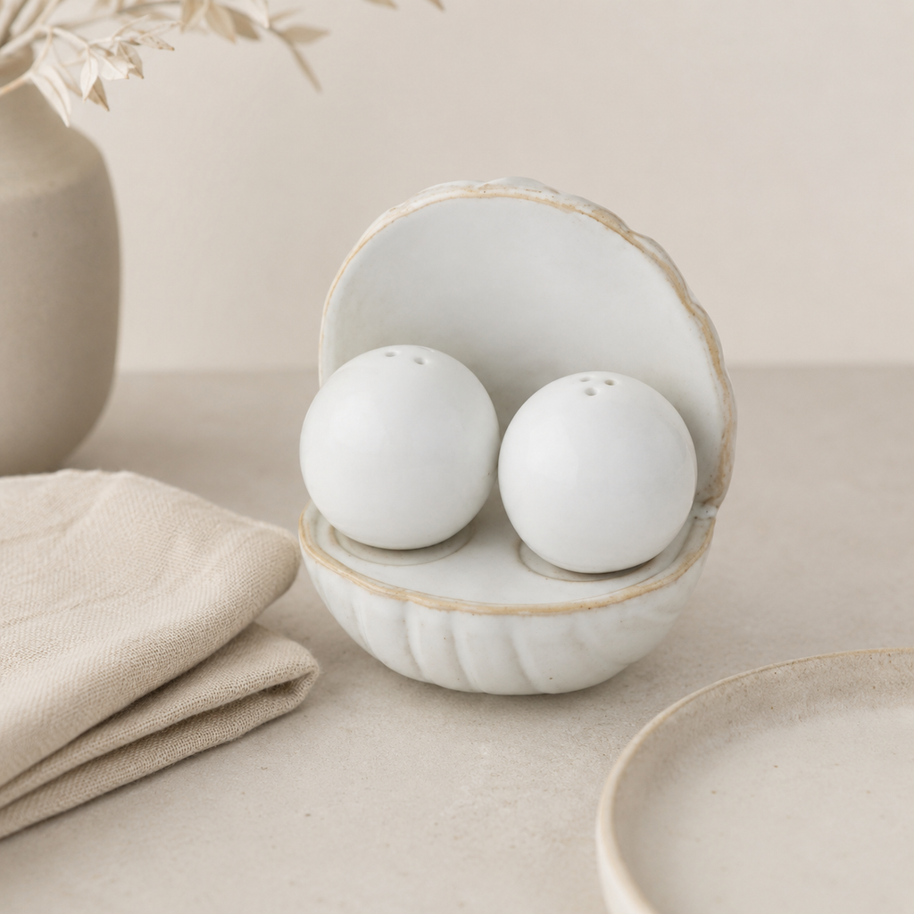 Pearl ceramic salt and pepper set styled on table