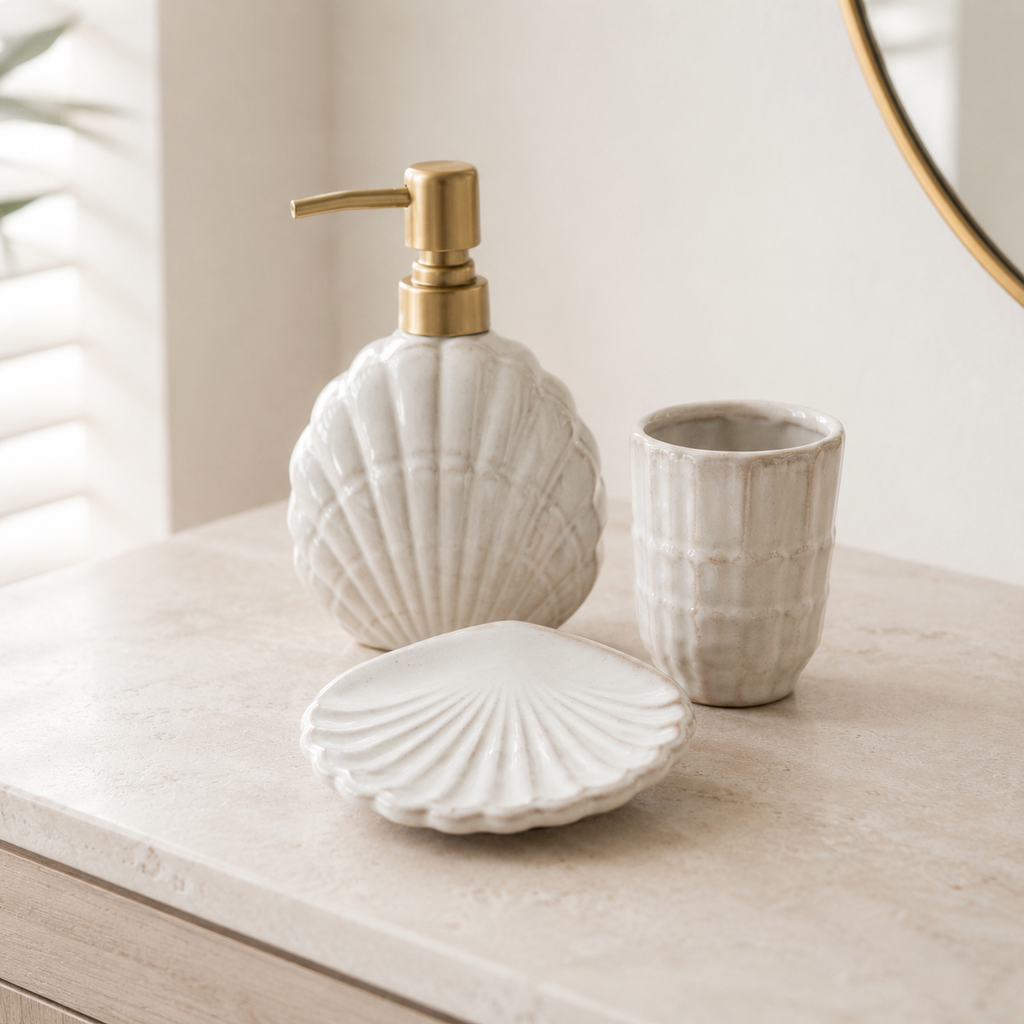 Seychelles ceramic bathroom set styled in bathroom
