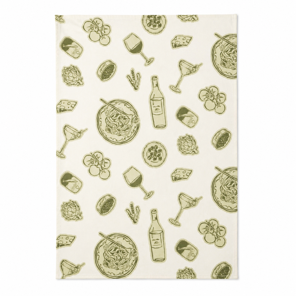 Patterned paper with green illustrations of food and drinks on a white background