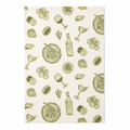 Patterned paper with green illustrations of food and drinks on a white background